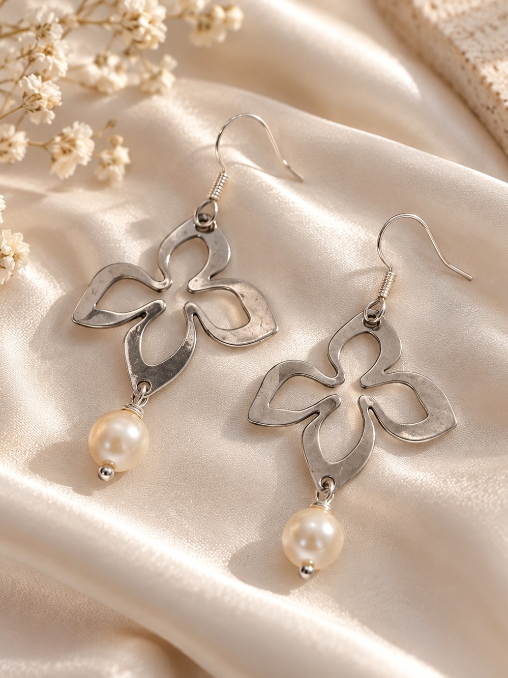 Silver Floral Drop Earrings with Pearl Dangle